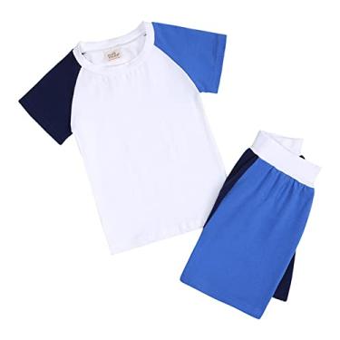 Imagem de Metaxas Camiseta infantil unissex de verão para bebê, 2 peças, patchwork, algodão, 2 peças, roupas de dormir, Azul, 13-14 Anos
