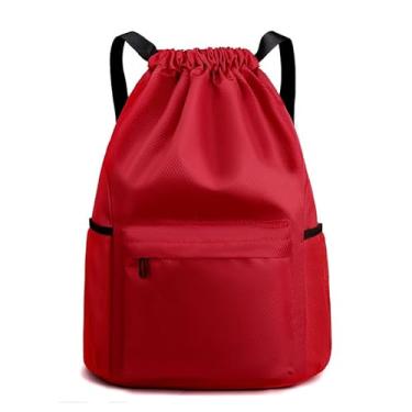 Imagem de Bolsa com cordão, mochila leve com suporte para garrafa de água e bolsos, mochila esportiva de ginástica, Vermelho, Small, Esportes
