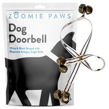 Imagem de Zoomie Paws Sinos de porta pendurados em fita listrada preta e branca para cães e filhotes - Sinos de jingle antigos, sino de cachorro para treinamento de potty, suprimentos para animais de estimação, sino para cães tocarem para fora - 1 por pacote