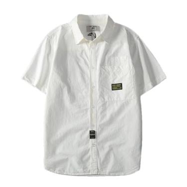 Imagem de Camisa masculina de manga curta com lapela, bolso retrô, fina, de algodão, casual, de verão, Branco, PP