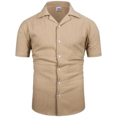 Imagem de MOHEZ Camisa masculina casual de botão, manga curta, gola cubana, praia, verão, texturizada, solo, férias, Cáqui 07, GG