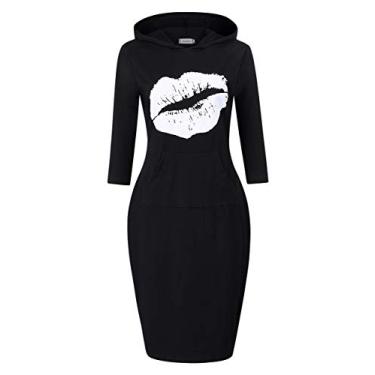 Imagem de Clearlove Vestido feminino listrado com capuz e bolso na altura do joelho, Lábios preto/branco, G