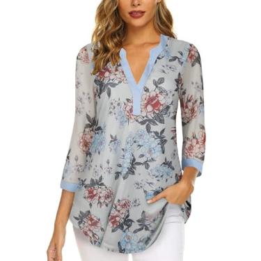 Imagem de Supnier Blusas femininas com manga 3/4 e gola V, blusas elegantes com estampa floral, camisetas de malha folgadas, Floral azul, XXG