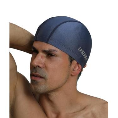 Imagem de Touca de natação de nylon de alta elasticidade para homens e mulheres, short de cabelo, confortável, respirável (azul marinho)