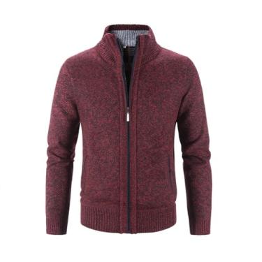 Imagem de Ruixinxue Jaqueta de malha masculina de lã, jaqueta de moletom com zíper, agasalho, gola alta, casaco de inverno, Vermelho, XXG