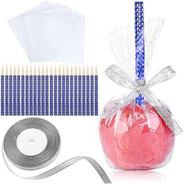 Imagem de Kit de 24 palitos e sacos de maçã de doces brilhantes, espetos de madeira de maçã caramelo, palitos decorativos de bambu para arroz Krispie petiscos, bolos, cachorros-quentes com envoltório de vidro,