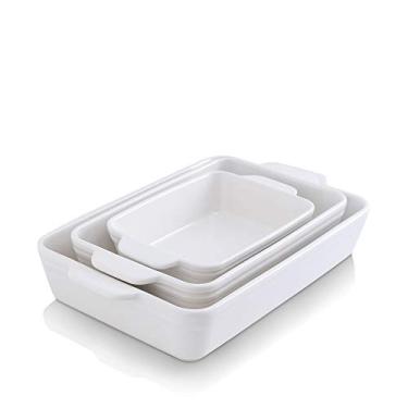 Imagem de Conjunto de utensílios de cozinha Koov, assadeira de cerâmica, assadeira retangular para cozinhar, jantar de bolo, cozinha, 23 x 13 polegadas, 3 peças (conjunto de 3, branco)
