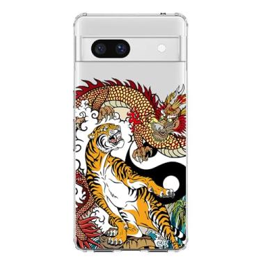 Imagem de Blingy's Capa para Google Pixel 8a, estampa gráfica de dragão, estampa divertida de tigre, arte de tatuagem, design animal, capa protetora transparente de TPU (15,5 cm) (tigre e dragão)