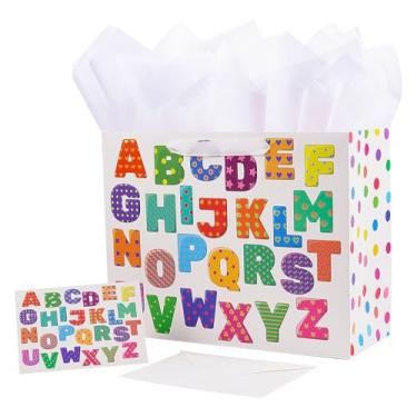 Imagem de JWSCYSY Bolsa de presente grande de 32 cm com cartão e papel de seda para chá de bebê, festa de aniversário (colorido ABC)
