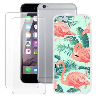 Imagem de MILEGOO Capa para iPhone 6 + 2 peças protetoras de tela de vidro temperado, capa de TPU de silicone macio à prova de choque para iPhone 6S (4,7 polegadas) Flamingo