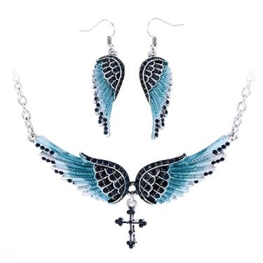 Imagem de Szxc Jewelry Colar feminino com pingente de cruz com asas de anjo da guarda 45,7 cm + 5 cm, Cristal Metal, Cristal