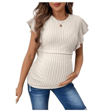 Imagem de MakeMeChic Camisetas femininas de maternidade Dolman com babados e gola redonda e gola redonda, Caqui, GG