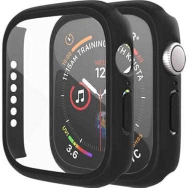 Imagem de Capa compatível com Apple Watch Series 9 8 7 41 mm/45 mm PC bumper com protetor de tela de vidro temperado fosco cor sólida capa dura (preto, 45 mm)