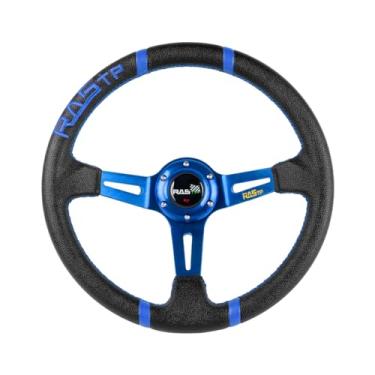 Imagem de RASTP Volante de corrida universal, prato profundo volante couro bordado 13,58"/345 mm 6 parafusos com botão de buzina incluem cabo, chave inglesa, azul