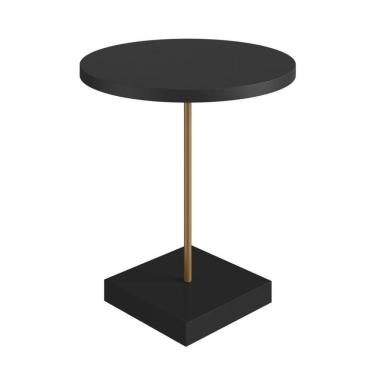 Imagem de Mesa Lateral Redonda Artesano 45 cm Larg Tampo e Base MDP Preto c/ Tubo Metálico Aço Carbono Dourado