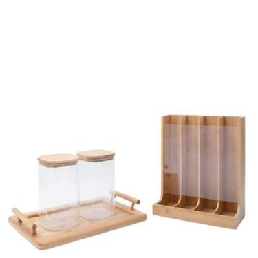 Imagem de Kit 2 potes com tampa de bambu 1,4l, porta cápsulas e bandeja retangul