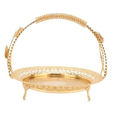 Imagem de Bandeja de Frutas Portátil, Bandeja de Frutas retrô Multifuncional, Travessa de Metal para Servir chá, Prato de Jantar Redondo Estilo Europeu Prático Com Alça para Comida, café,