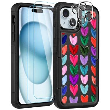 Imagem de LOQUPE [Capa 5 em 1 para iPhone 15 Plus, com 2 protetores de tela + 2 protetores de lente de câmera, resistente, resistente, leve, fina, à prova de choque, protetor, para mulheres, pintura a óleo fofa