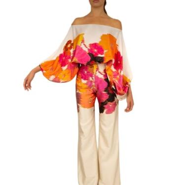 Imagem de REASERAL Conjunto feminino de 2 peças com estampa de ombro de fora, manga comprida, casual, para sair e sair, Flor, Medium
