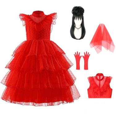 Imagem de Xinxiaomeng Halloween Kids Ghost Bride Costume Girls Red Wedding Dress Wig Veil Lace Gloves Halloween Outfits
