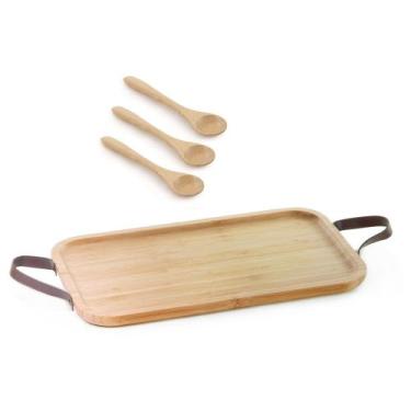 Imagem de Bandeja de bambu com alça de couro  35cm e 3 colherinhas - Utensilios 