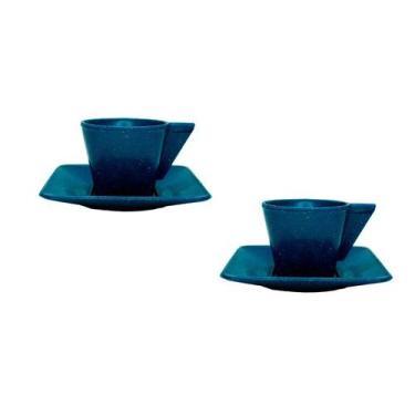 Imagem de Kit 2 Xícara E Pires 50Ml Fibra Madeira Azul - Bb Store