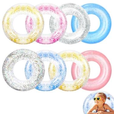 Imagem de 8 peças de boias infláveis para piscina, anéis de natação transparentes, 84 cm com glitter colorido, boias de piscina para crianças, adultos, piscina, praia, verão, festa ao ar livre, suprimento de 7