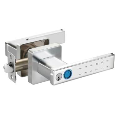 Imagem de Fechadura de porta de impressão digital, maçaneta de porta de teclado com alça, maçaneta inteligente prata com senha, fechadura de porta de entrada sem chave para quartos, casas, apartamentos, hotéis,