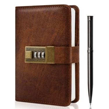 Imagem de WEMATE Diário com cadeado, diário com cadeado 192 páginas, caderno com senha, caneta e caixa de presente - perfeito para homens e mulheres - 11 x 15,7 cm marrom mantenha seus segredos seguros