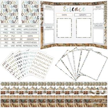 Imagem de 96 peças de suprimentos para quadro de feiras de ciências, inclui títulos autoadesivos de projetos de feira de ciências, legendas, apresentação, boletim, letras, adesivos para sala de aula (estilo