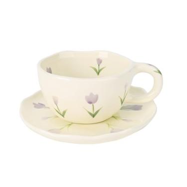 Imagem de Koythin Caneca de café de cerâmica com pires, canecas de flores feitas à mão, copo bonito para meninas e mulheres, xícara de chá de leite estética com alça, 250 ml para latte, cacau, escritório, casa