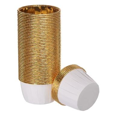 Imagem de HARFINGTON Copos de cupcake de ouro branco, 50 peças, folha de alumínio, 100 ml, forros de cupcake padrão, copos de assar para festa de aniversário, decorações de casamento