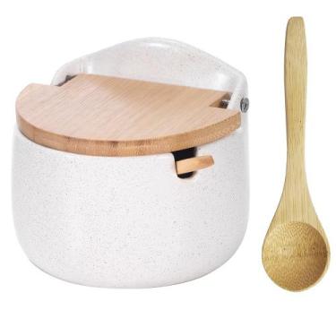 Imagem de Saleiro Açucareiro Porcelana De Mesa Tampa Em Bambu e Colher - Kadê
