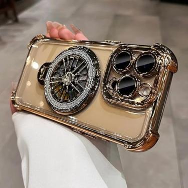 Imagem de Para iPhone 16 Case Rotating Bracket Airbag Plating Cover para iPhone 11 12 13 14 15 Pro Max 16 Plus Capa à prova de choque, dourada, para iPhone 11 ProMax