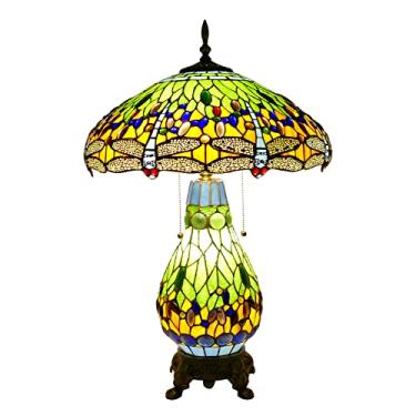 Imagem de VirtueKing Abajur Estilo Tiffany, Abajur Libélula Verde, Abajur De Vidro Colorido Feito À Mão, 18X18X27 Polegadas, Luz De Leitura De Mesa Para Decoração De Quarto, Sala De Estar, Escritório, Lâmpada