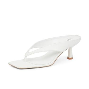 Imagem de VIUGJNEX Chinelo feminino com salto gatinho, bico aberto, salto baixo, fio dental quadrado, moderno, verão, vestido de festa, sandálias de salto para mulheres, Branco, 39