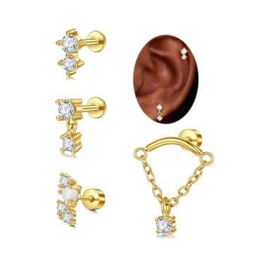 Imagem de MODRSA Brinco de cartilagem dourada para mulheres, hipoalergênico, costas planas, hélice, tragus, concha, 6 mm, joia de cartilagem, brincos de aço cirúrgico de segundo furo para mulheres, Metal, aço