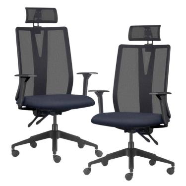 Imagem de Kit 2 Cadeiras Escritório Giratória Presidente Flow F02 Base Preta Sintético Azul - Lyam Decor