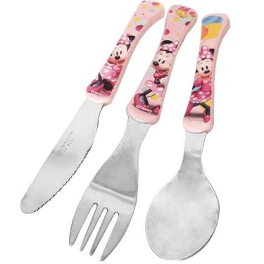 Imagem de Conjunto de Talheres Minnie Rosa 3 Peças Garfo Faca Colher Inox Disney