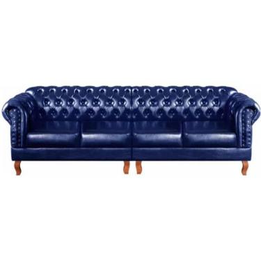 Imagem de Sofá Chesterfield 4 Lugares Dom Pedro Vintage Retrô Capitonê Couro Azul