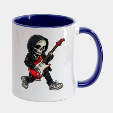 Imagem de Caneca Branca Interna Azul Marinho de Porcelana 325ml CAVEIRA GUITARRA