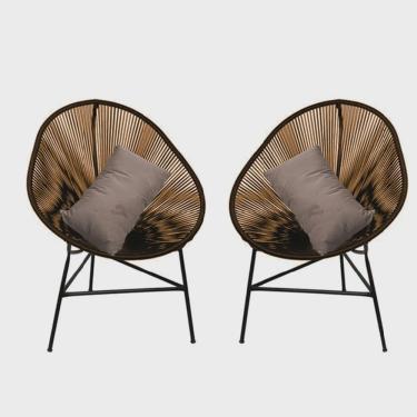 Imagem de Kit 02 Poltrona Cadeira Acapulco Plus com Almofada Quadrado Marrom Suede Bege - Ahazzo Móveis