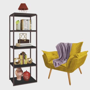 Imagem de Kit Poltrona Fatte com Manta Soft Lilás e Estante Livreiro Ferro Marrom mdf Preto Suede Amarelo - Ahazzo Móveis