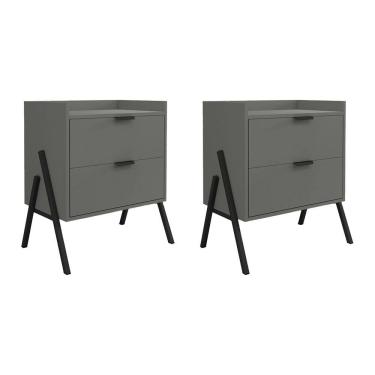 Imagem de Kit 2 Mesas de Cabeceiras Retrô com 2 Gavetas Asher 45cm - Cinza