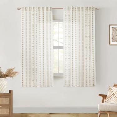 Imagem de Cortinas semitransparentes marrons de 153 cm de comprimento, boho floral linho mocha cortinas para sala de estar