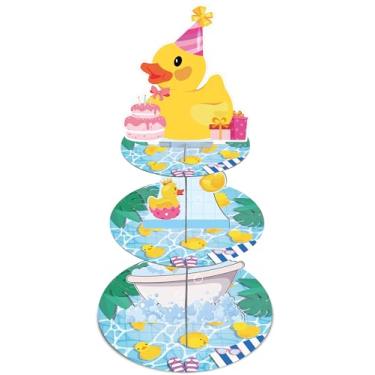 Imagem de Keluna Decoração de festa de aniversário de pato – Suporte de cupcake fofo de 3 camadas para suprimentos de festa de aniversário, lembrancinhas de pato para cupcake e suporte para chá de bebê