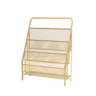 Imagem de Porta-jornais de chão Nordic Light Luxury Magazine Rack Suporte de armazenamento de ferro multicamadas para livros Organizador para fotos Porta-revistas de chão(Golden,Pequeno)
