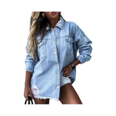 Imagem de Camisa Jeans Feminina com Manga Longa - Rasgada, Soltinha e Estilo Out