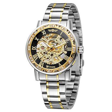 Imagem de FORSINING Relógio de pulso de esqueleto mecânico com movimento luminoso de diamante moderno com número romano, 02 - ouro preto, Relógio esqueleto, mecânico