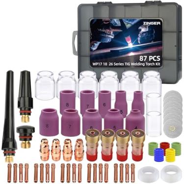 Imagem de Zinger Kit de acessórios para tocha de soldagem TIG com 87 peças, lente de gás atarracada #10, 12 copos de vidro, bocal de alumínio, kit de corpo para tocha de solda TIG WP-17/18/26